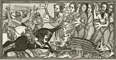 Hvordan Alexander engasjerte seg i kamp med griser med store tenner på en alen lang og med menn og kvinner med seks hender, fra "Vitenskap og litteratur i middelalderen" av Paul Lacroix (1806-84) utgitt av French School